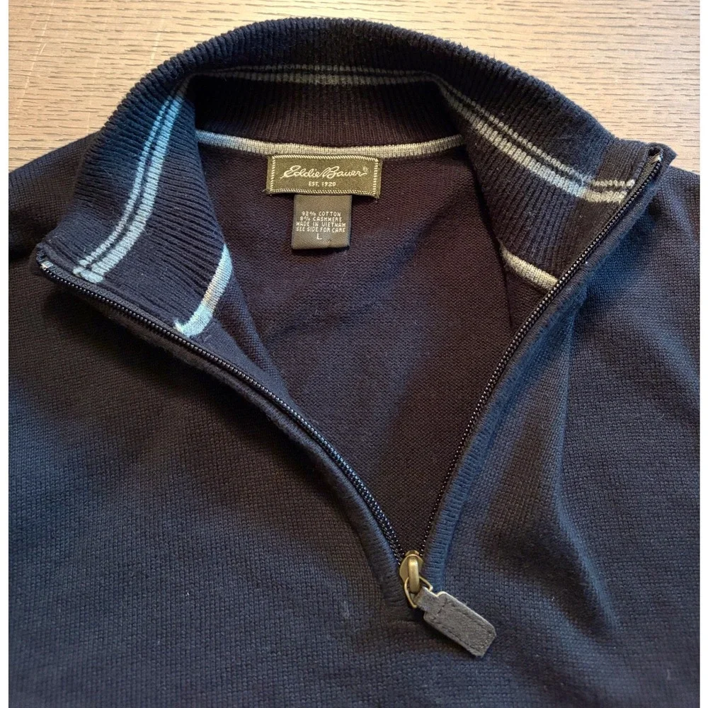 Eddie Bauer Mens Navy Blue Cotton Cashmere Quarter Zip Sweater Large Mock Neck